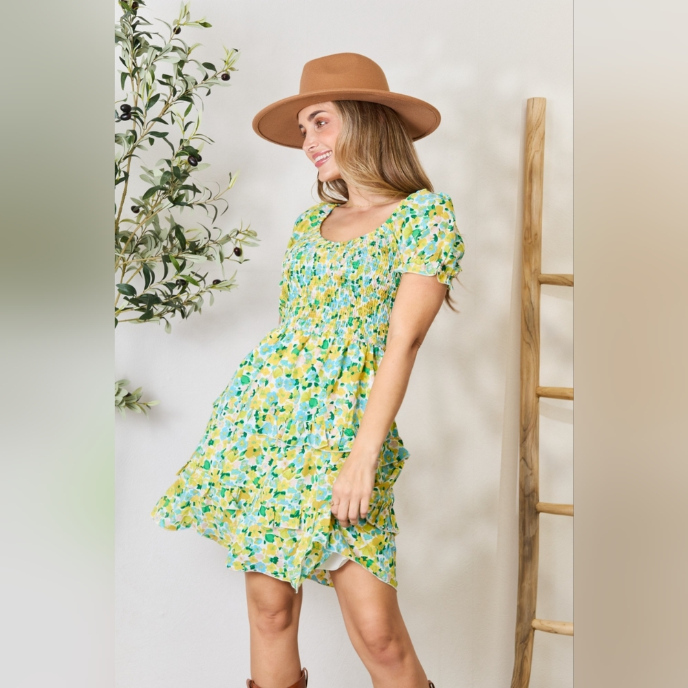 Double Take Designer Smocked Scoop Neck Flounce Sleeve Mini Dress - Picture 7 of 10